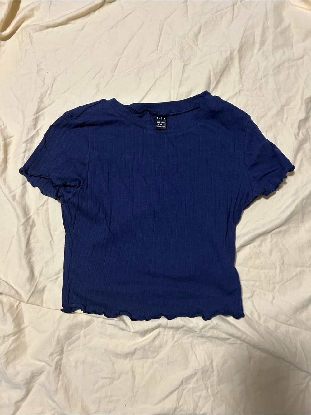 SHEIN Navy Ribbed Lettuce-Edge Crop Tee
